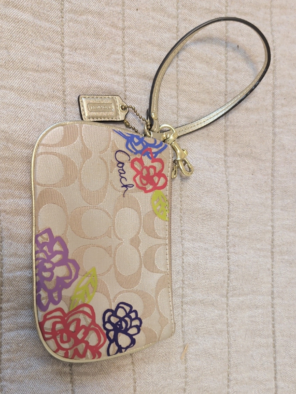 Coach Signature Floral Wristlet - Beige with Multicolor Flowers